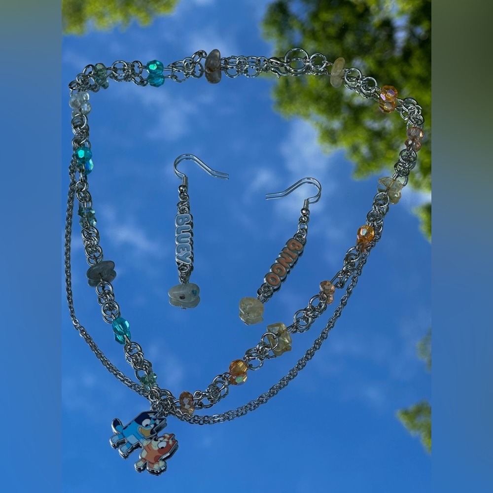 Bluey And Bingo Beaded Necklace + Matching Earrings